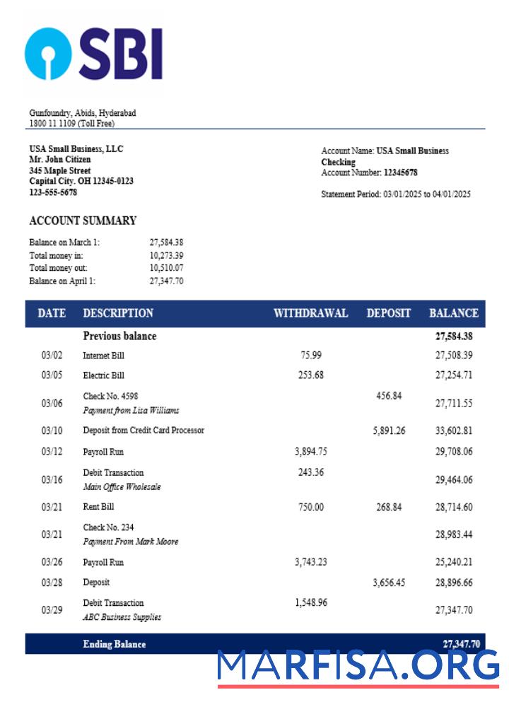 Downloadable SBH organization checking account statement Word and PDF format download for verification